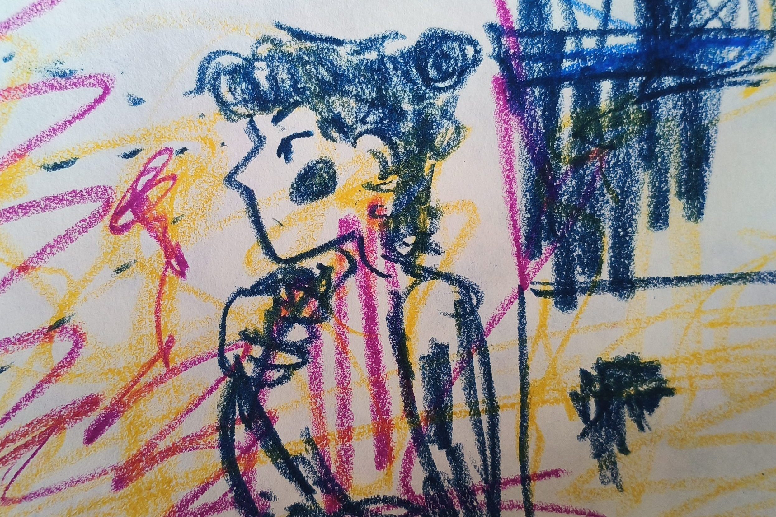 Oil pastel rough sketch of a person with a bun and their hand on their shoulder in dark blue, with purple, yellow, and dark blue scribbles in the background